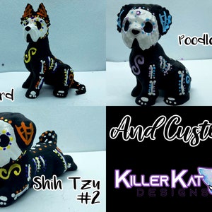 Figuras de perros con calaveras de azúcar serie 13 y pedido personalizado. Pintadas a mano e impresas en 3D.