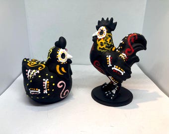 Sugar Skull Chicken and Rooster Day of the Dead Sculpture Figurine Hand Painted 3D Printed