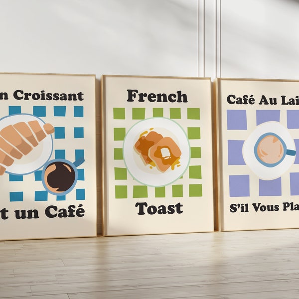 Set of 3 Kitchen Wall Art, Modern Printable Wall Art, DIGITAL DOWNLOAD, Food Art, Breakfast Poster, French Toast, Abstract Boho Art