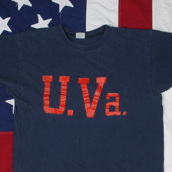 Vintage Well Worn University of Virginia Cavaliers T-Shirt Small/Medium Champion Tag Navy Blue Orange Soft Charlottesville