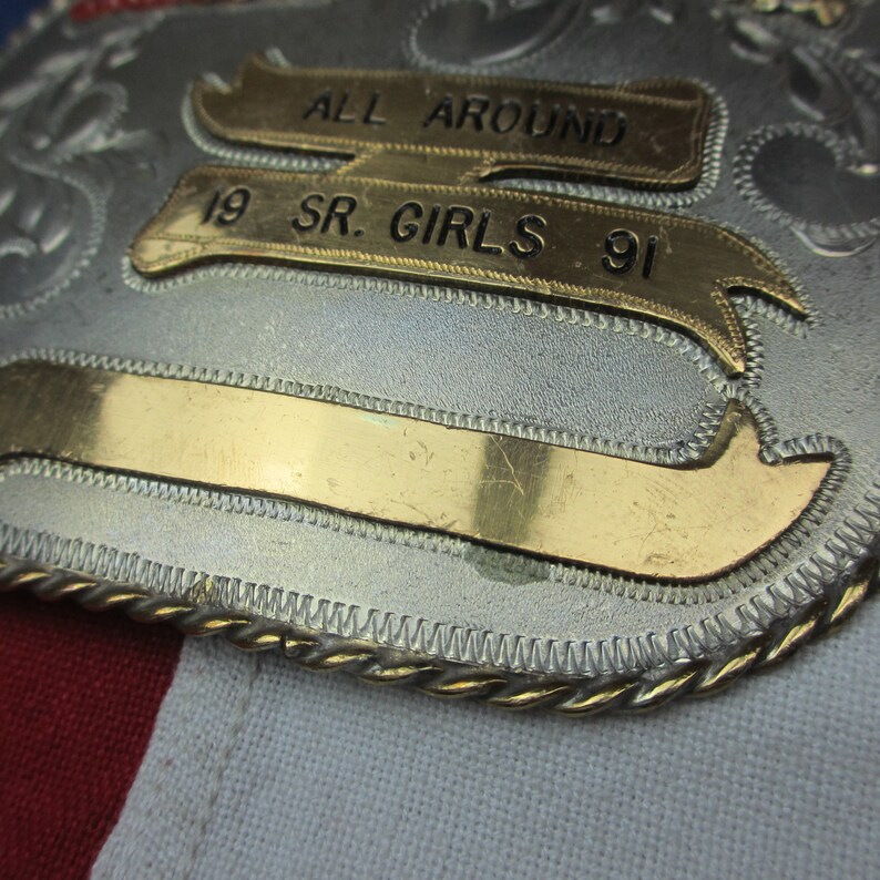 Vintage 1990/'s 30th Kit Carson County Little Britches Rodeo Belt Buckle Nickel Silver All Around Girls Award Western Wear Cowboy Cowgirl