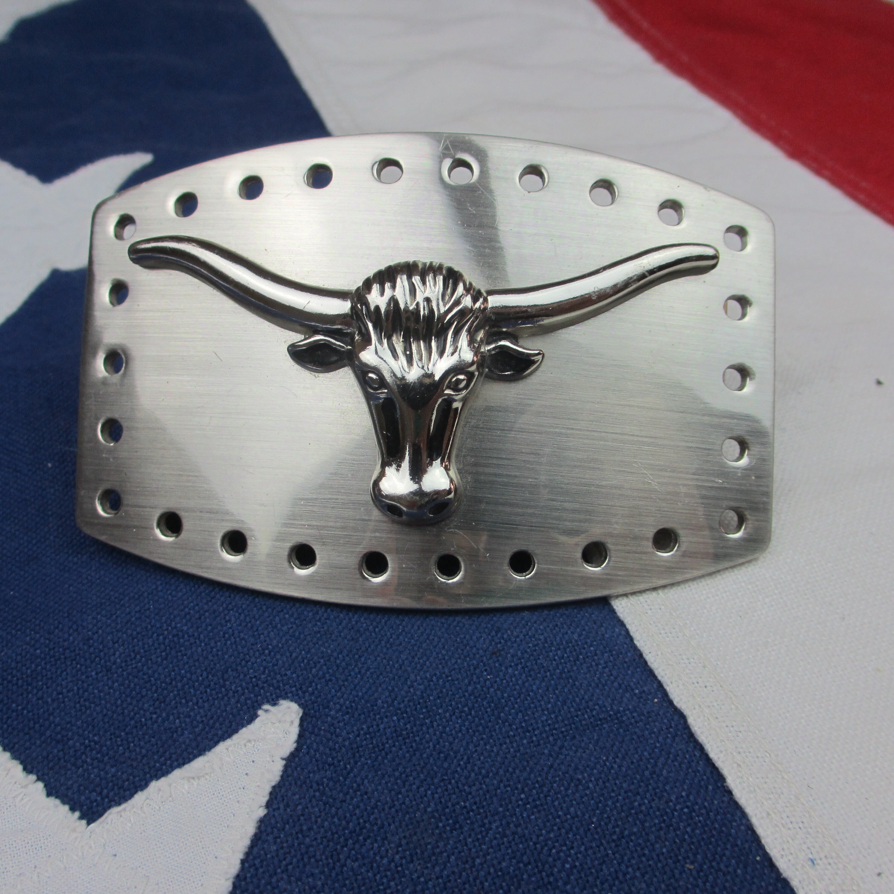 Vintage 1990's Longhorn Bull Belt Buckle Stainless Steel Silver Texas Cowboy Western Wear Rodeo Cattle Steer Mascot Sports
