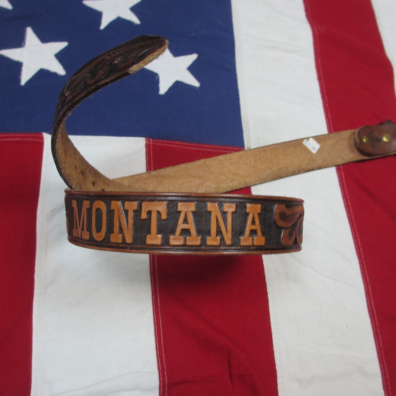 Vintage 1980/'s Western Wear Tooled MONTANA Leather Belt 40 Snap Button Brown Leaves Floral Vaquero