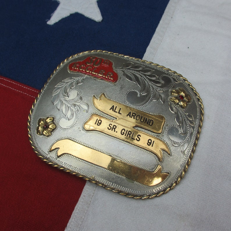 Vintage 1990/'s 30th Kit Carson County Little Britches Rodeo Belt Buckle Nickel Silver All Around Girls Award Western Wear Cowboy Cowgirl