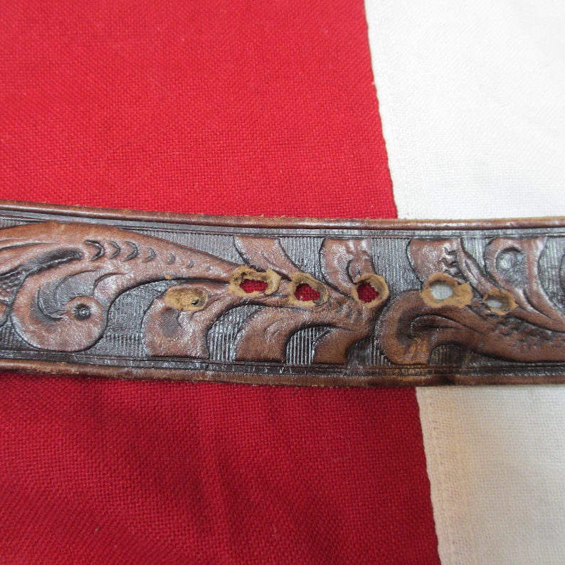 Vintage 1980/'s Western Wear Tooled MONTANA Leather Belt 40 Snap Button Brown Leaves Floral Vaquero