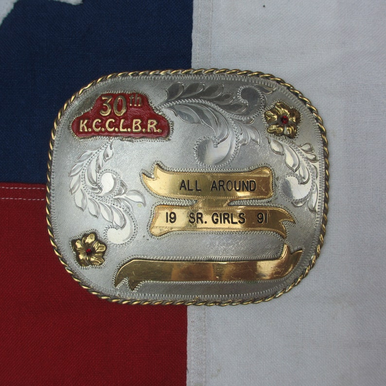 Vintage 1990/'s 30th Kit Carson County Little Britches Rodeo Belt Buckle Nickel Silver All Around Girls Award Western Wear Cowboy Cowgirl