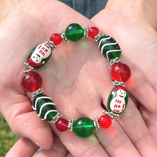 Christmas Bracelets For Women, Christmas Gift For Her, Holiday Red Green Snowman Snowflake Christmas Tree Beaded Jewelry, 5 Selections 1 pc