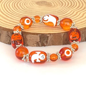 Halloween Bracelet For Woman, Spooky Orange Pumpkin Casper Glass Beaded Stretch Bracelet, Birthday Christmas Jewelry Gift Ideas, 1 pc