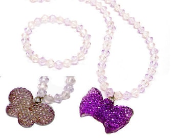 Kids Jewelry, Plastic Beaded Necklace Bracelet Set, Butterfly Pendant Necklace, Birthday Christmas Gift Idea, 2 Selections, 1 set
