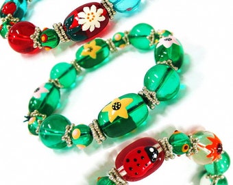 Flower Bracelets For Women - Glass Beaded Bracelets For Girls - Spring Floral Ladybug Red Green Jewelry Gift For Her - 3 Selections