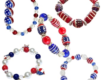 US Flag Bracelet, Red White Blue Americana Patriotic Day Glass Beaded Bracelet for Women, Birthday Jewelry Gift for Her, 6 Selections