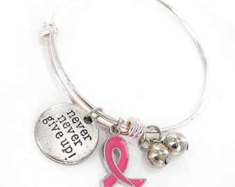 Pink Ribbon Charm Bangle Bracelet - Adjustable Expandable Wire Bangle Bracelet -Breast Cancer Awareness Charm Bangle 1 pc