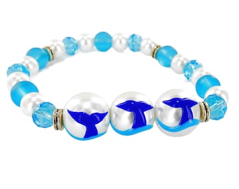 Beach Bracelet Earring Set, Whale Dolphin Tail White Blue Ocean Beach Summer Accessory Jewelry, Birthday Christmas Gift For Her, 1 set