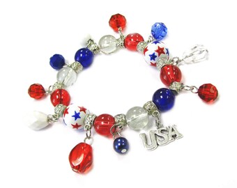 USA Charm Bracelet - Vote Americana Bracelet For Women - Red White Blue Jewelry - Gift For Women - Crystal Dangles USA Charm Bracelet