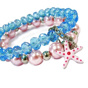 Hand Painted Pink Sea Star Charm Faceted Crystal & Pearl Beads Stretch Bracelet in Free Gift Bag