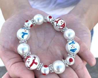 Christmas Bracelets for Women, Holiday Red White Santa Claus Snowman Glass Beaded Jewelry, Birthday Gift Idea for Her, 3 Choices, 1 pc