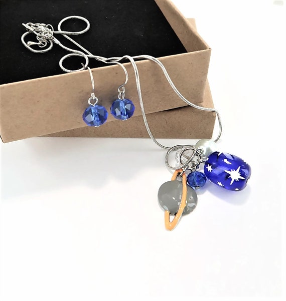Solar System Necklace Earring Set Galaxy Solar System Beads Necklace And Earring Set In Kraft Paper Gift Box Gift For Her Mom Girlfriend