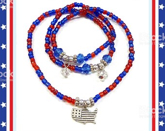 USA Bracelet - American Bracelet - Red White Blue Wrap Around Charm - USA Map Silver Charm Bracelet - July 4th Jewelry - Patriotic Bracelet
