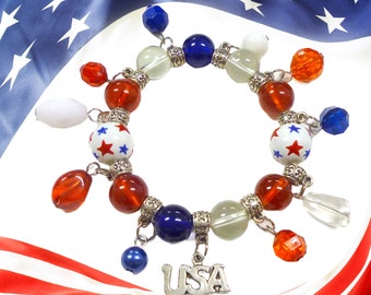 USA Bracelet, America Red White Blue Bracelet For Women, Glass Beaded Charm Jewelry, Birthday Christmas Patriotic Gift For Her, 1 pc