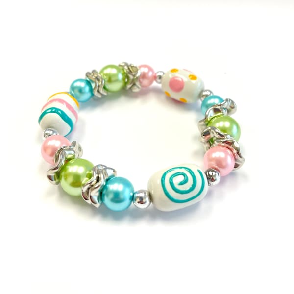 Easter Bracelet For Girls, Spring Easter Egg Beaded Pastel Jewelry For Women Kids Children, Christmas Birthday Gift, Basket Stuffers, 1 pc