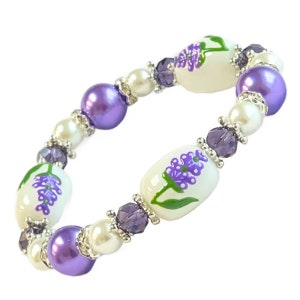 Lavender Flower Beaded Bracelet, Purple White Flower Gift For Women, Botanical Wildflower Jewelry, Christmas Birthday Gift Idea, 1 pc