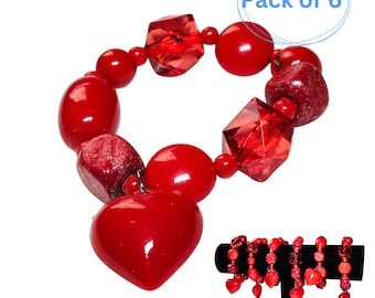 Red Pink Heart Charm Beaded Stretch Bracelet Jewelry for Her, Valentine's Day Birthday Christmas White Elephant Gift, 3 Colors, Pack of 6