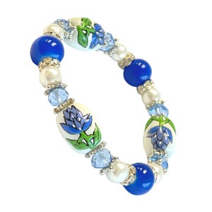 Bluebonnet Blue White Flower Beaded Bracelet, Texas State Souvenir Gift for Women, Botanical Jewelry, Christmas Birthday Gift Idea, 1 pc