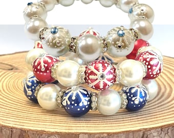 Christmas Bracelets for Women, Christmas Holiday Bracelet Gift Jewelry for Her, Hand Painted Snowflakes Beaded Bracelet, 3 Selections, 1 Pc