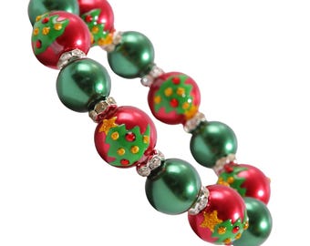 Christmas Bracelet for Women, Red Green Holiday Beaded Jewelry, Christmas Birthday Tree Gift Jewelry White Elephant Exchange Gift, 1 Pc