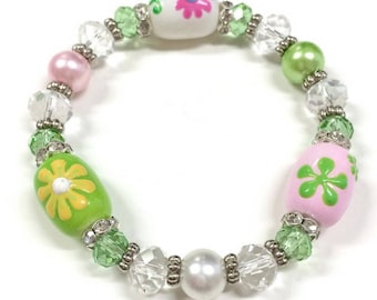 Flower Bracelet For Girls - Spring Bracelet - Beaded Bracelet - Gift For Her - Hand Painted Flower Glass Beads Stretch Bracelet