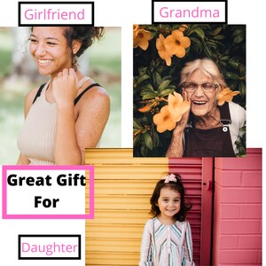 Puede incluir: Imagen dividida con las palabras "Girlfriend", "Grandma" y "Great Gift For Daughter". La imagen muestra a una joven sonriendo, a una mujer mayor rodeada de flores y a una ni&ntilde;a peque&ntilde;a sonriendo.