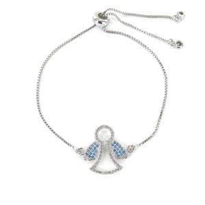 May include: A silver adjustable bracelet with a small angel charm. The angel's wings are decorated with blue crystals.
