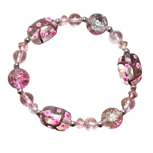 Cherry Blossom Bracelet, Pink Botanical Garden Japanese Sakura Beaded Bracelet For Women, Christmas Birthday Gift Idea, 1 Pc