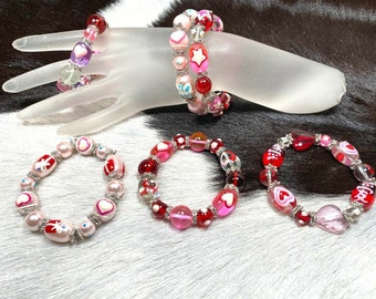 Heart Bracelets For Women, Valentine Mother's Day Bracelet Gift For Her, Handmade Hand Painted Glass Beaded Stretch Bracelet, Pack of 6