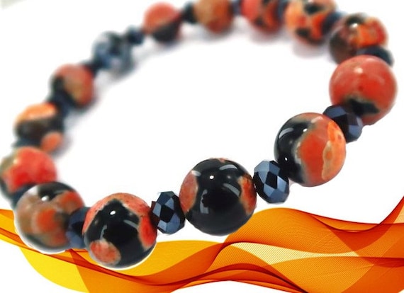 Gemstone Bracelets for Women, Orange Black Semiprecious Natural Stone Beaded Bracelet, Halloween Birthday Christmas Gift for Her, 1 Pc