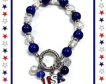 USA Bracelet - Memorial Remembrance Bracelet - Patriotic Stretch Bead Bracelet With Charms For Women