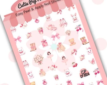 Kawaii Nail Stickers: Pink Anime Bows, Bunnies, Cherries