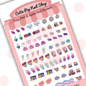 May include: A sheet of colorful nail stickers featuring pride flags, hearts, and phrases like "Born This Way" and "Equal Rights".