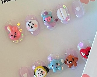 Hand Sculpted BT21 3D Press On Nails | BTS ARMY Kawaii Nail Art | Cute Kpop False Nails | Limited Edition BT21 Fan Nails|Concert nails
