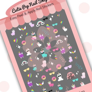 llamacorn nail sticker| kids nail sticker| unicorn nail art| nail decals|self-adhesive| kid gifts| kawaii nails| pastel rainbow stickers