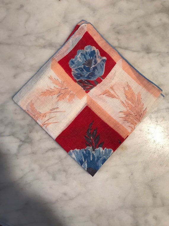 Vintage Red Pink and Blue Floral Handkerchief - image 2