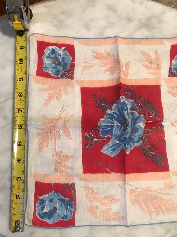 Vintage Red Pink and Blue Floral Handkerchief - image 4