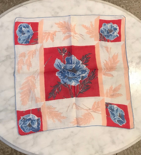 Vintage Red Pink and Blue Floral Handkerchief - image 1