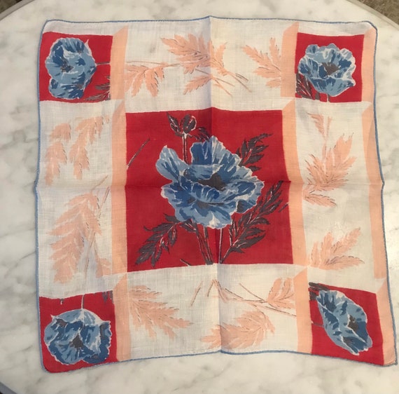 Vintage Red Pink and Blue Floral Handkerchief - image 3
