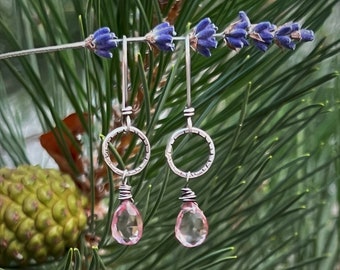 Pink Topaz Faceted Briolette Dangle Earrings on Tiny Textured Hoops