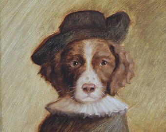 Original Oil Painting English Springer Spaniel in Baroque Clothing Oil on Canvas, 8x8 Inches, Dog Portrait, Pet Portrait