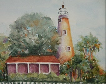 Lighthouse Watercolor, Original watercolor, St. Marks Lighthouse, Florida lighthouse