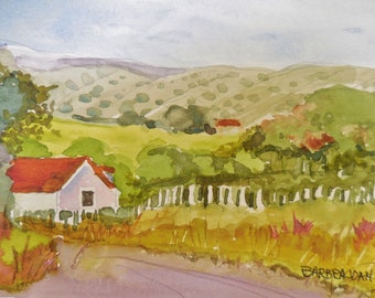 Original Country Watercolor,  Country Scene, Farm Country Painting