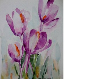 Crocus painting, original watercolor, spring time painting