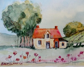 Watercolor and Ink, original painting, cottages in watercolor